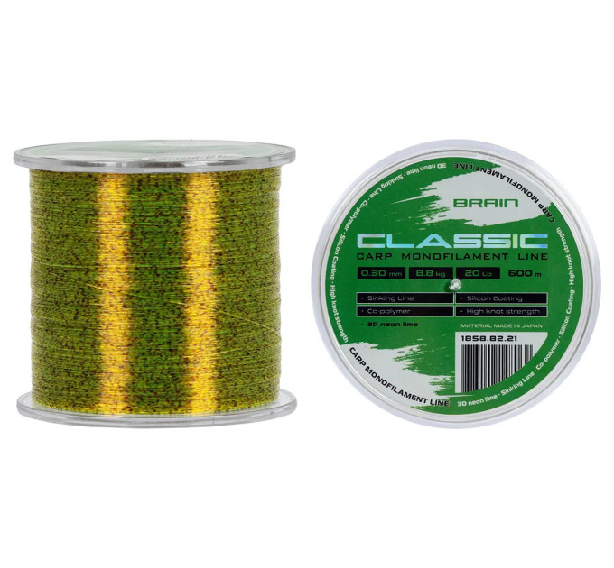 Волосінь Brain Classic Carp Line (3D neon lime) 600m 0.33mm 22lb 10.0kg