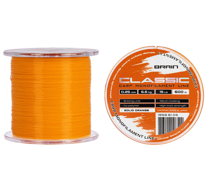 Леска Brain Classic Carp Line Solid orange 600m 0,25mm 6,6kg 15lb