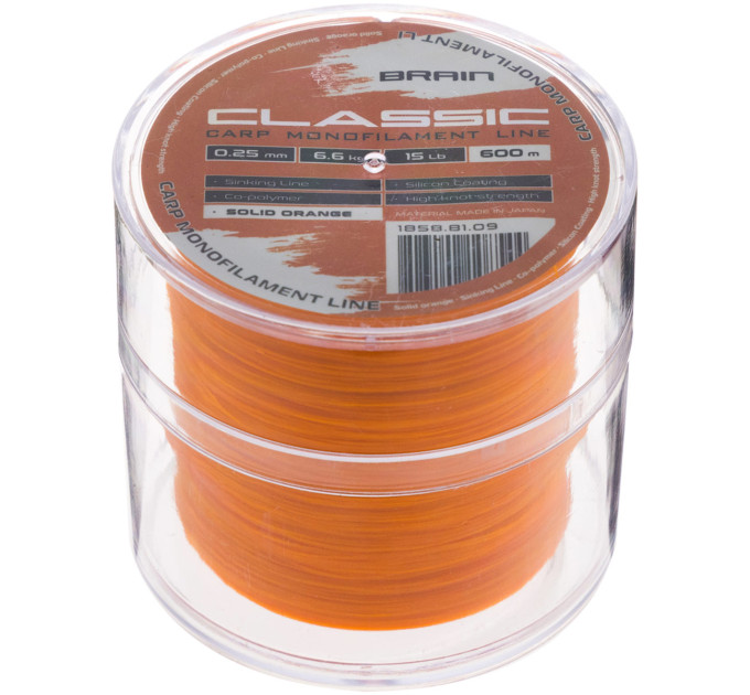 Леска Brain Classic Carp Line Solid orange 600m 0,25mm 6,6kg 15lb